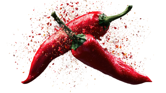 Two vibrant red chili peppers surrounded by a burst of colorful spices
