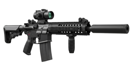 Modern tactical assault rifle showcasing black polymer and steel design, isolated on transparent background for clear visibility