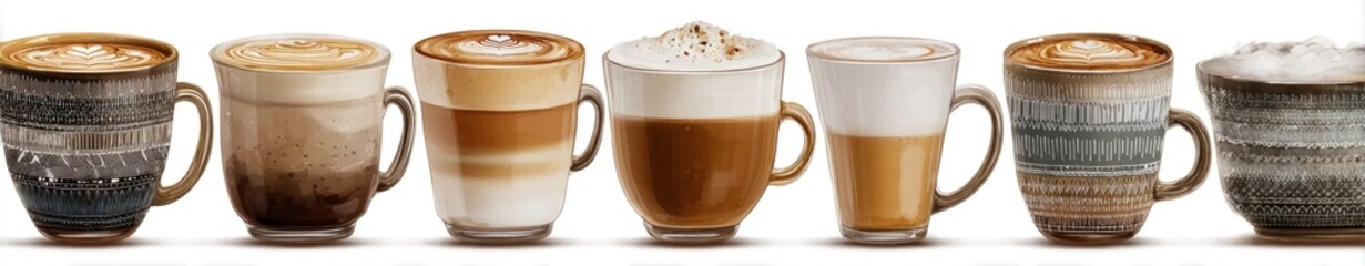 Row of various coffee drinks in mugs