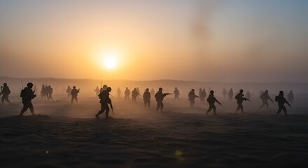 Soldiers Silhouettes Walking in Desert Battlefield at Sunrise