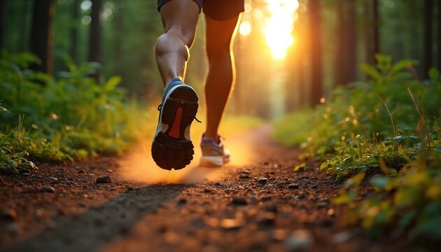 Close-up runner legs, shoes on forest trail at sunset. Motion captures outdoor fitness, trail running adventure, healthy lifestyle in nature. Golden hour light illuminates dust kicked up from path.