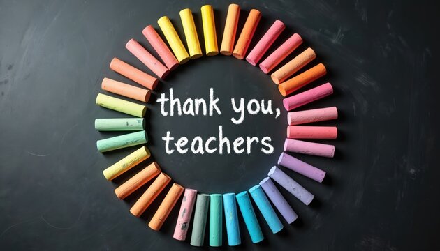 Colorful chalks form circle on blackboard spelling thank, teachers. Vibrant display uses pastel rainbow colors, creativity, appreciation in education. Ideal for school, classroom, teacher