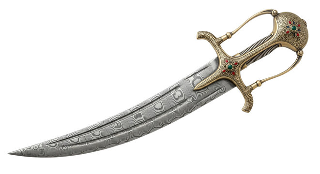 Mughal talwar sword featuring intricate design and craftsmanship, isolated on a transparent background