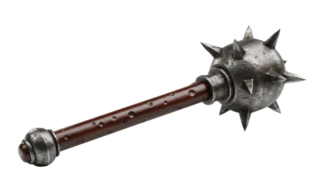 Knight's heavy mace with sharp flanges made from dark iron, isolated on a transparent background