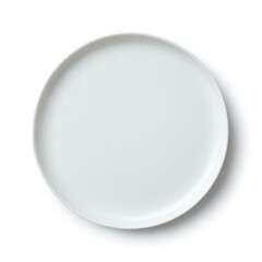 High-angle, overhead view of a round, white plate.  A plain, blank,  clean plate,  perfectly circular,  rests on a white background