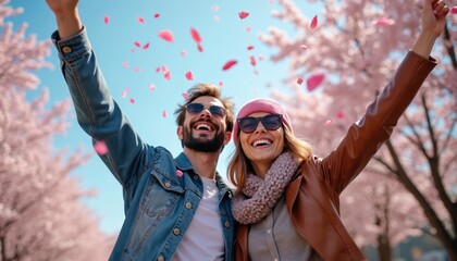 Joyful young couple embraced under pink cherry blossoms during sunny springtime. Petals fall around them as they laugh, celebrating love and nature beauty. A scene of pure happiness and connection.