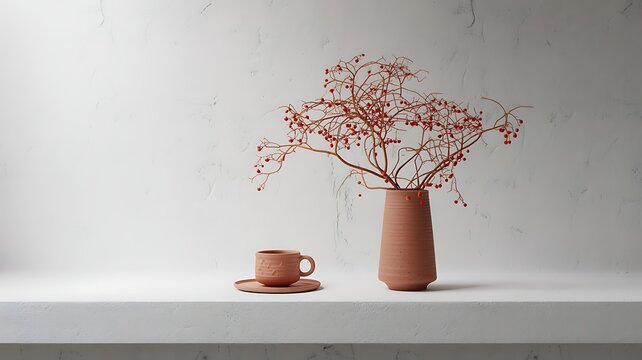 Elegant still life featuring terracotta vase with berry branches and matching cup saucer on white surface adds touch of rustic charm