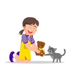 Little girl showing a teddy bear to her cat reaching for it