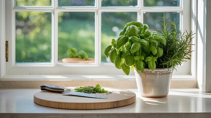 Fresh herbs on kitchen counter next to window basil rosemary and cutting board preparation for cooking at home