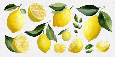 Watercolor lemon illustration with leaves on white background. 