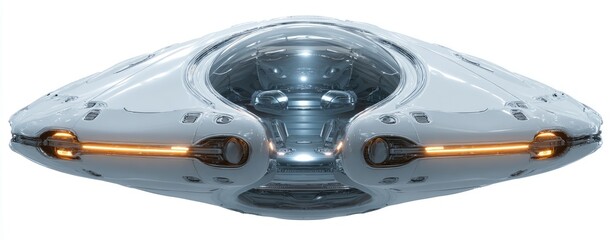 Futuristic, white, saucer-shaped spacecraft with glowing orange engines