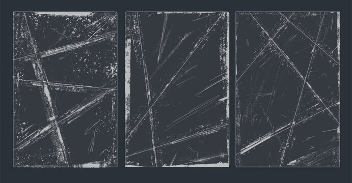 Overlay gray textures with folded paper effect, rough scratches, dust set. Distressed blank frames with torn edges, creases, grunge strokes, punk style vintage damaged surfaces. Vector black textures.