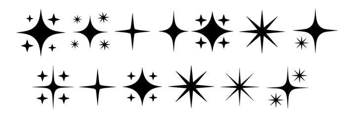 Stars sparkle compositions. Shine black stars stencil, isolated diverse sparkling elements. Sky objects, blink vector signs clipart