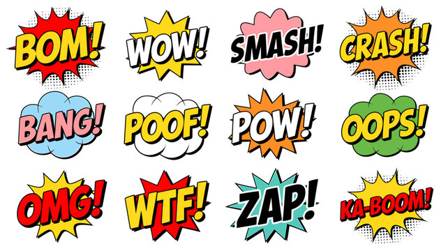 Cartoon comic sign burst clouds. Speech bubble, boom sign expression and pop art text frames. Comics mem expressions speech, superhero book bubbles label. Isolated vector symbols set
