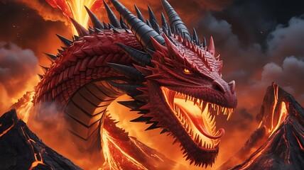 Fototapeta premium Majestic Red Dragon Roaring Amidst Volcanic Eruption A Fantasy Creature in a Dramatic Landscape Scene