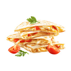 Stacked quesadillas filled with cheese and red peppers garnished with parsley on a transparent background ready to serve