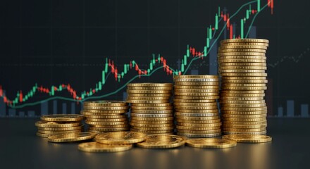 Stacks of gold coins representing financial growth with a stock market chart in the background.