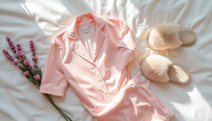 Obraz premium Soft pink satin pajamas with plush slippers laid on white bedding set. Delicate pink flowers add touch of nature to serene home relaxation scene. Sunlight streams across fabric, smooth texture,
