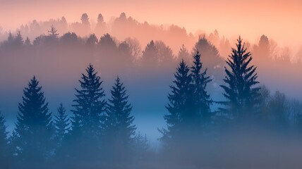 Mystical Forest Landscape at Dawn with Fog and Pine Trees Creating a Serene and Atmospheric Scene