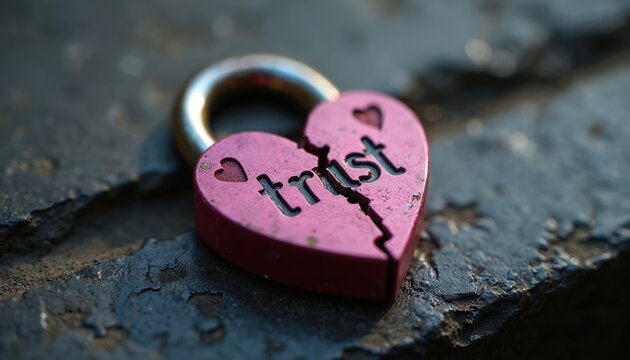 Broken heart-shaped padlock displaying word trust split in half. Symbolizes betrayal, relationship breakdown, loss of security. Rests on weathered stone surface, suggesting hardship, emotional pain.