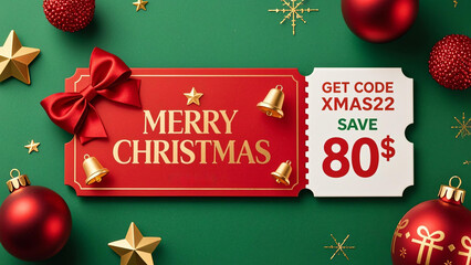 Realistic red Christmas ticket with green background, red satin bow, golden stars, red baubles