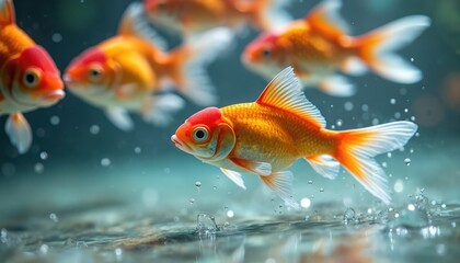 Vibrant goldfish swim playfully in crystal clear water, natural grace, beauty evident. Aquatic life in motion, offering serenity, calm. Colorful fish with flowing fins create peaceful underwater