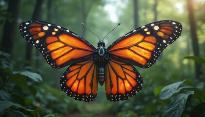 Naklejka premium Robotic butterfly intricate mechanical wings. Orange, metallic details blend with nature. Futuristic cybernetic insect features glowing circuits, advanced bionic engineering, digital artwork concept.