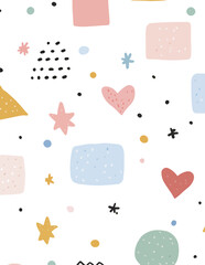 Motif vectoriel sans couture aux formes abstraites et ludiques, dessiné à la main avec des couleurs pastel sur fond blanc, idéal pour le design enfantin.