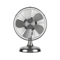 A metallic desk fan with five blades isolated on transparent background