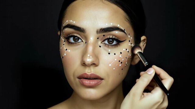 Woman with creative constellation face art makeup being applied with brush. close-up beauty portrait on black background. astrology and zodiac concept for beauty salon banner