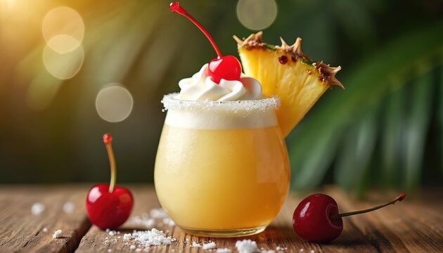 Creamy yellow Pina Colada cocktail with whipped cream, pineapple slice, and cherry garnish. Served in a glass with a sugar rim on a wooden table. Tropical drink with blurred green foliage background.