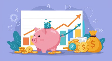 Financial growth concept with a piggy bank, coins, and a rising graph, representing savings and investment.