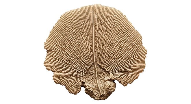 Fossil of a Paleozoic brachiopod, showing intricate detail of the shell structure, paleontological specimen, ancient marine life, geological history, natural history museum exhibit.