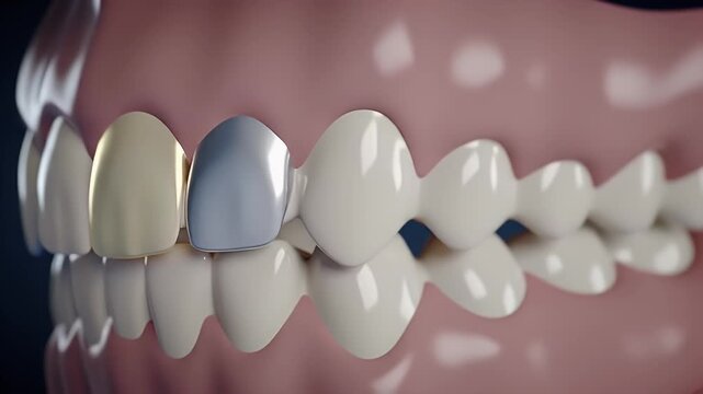 Close Up Of Gold And Silver Dental Crowns On Teeth