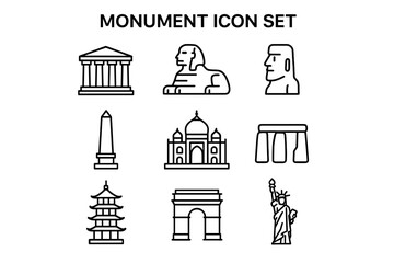 Monument Icon Set – Vector Collection of Famous Landmarks, Historic Structures & Cultural Heritage Symbols