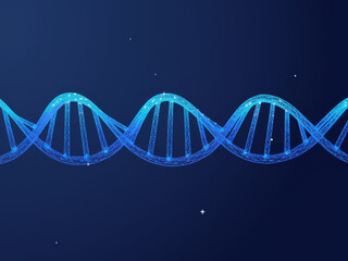 Abstract blue DNA helix glowing with light particles against a dark blue background.