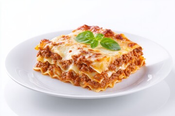 Square slice of lasagna on a white plate.  Melted cheese, layered pasta, and meat sauce are visible. Fresh basil garnish atop