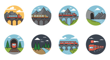 Colorful illustrations depicting various scenic train routes through mountainous landscapes