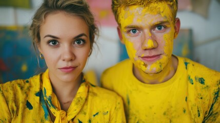 A young couple covered in bright yellow paint, showcasing a playful and artistic spirit in a vibrant, creative environment.
