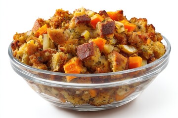 Stuffed, seasoned, cubed, autumnal dish in clear bowl