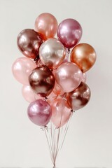 A cluster of metallic balloons in various shades of rose gold, blush, and copper