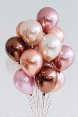 A cluster of metallic, rose-gold, and blush-toned balloons