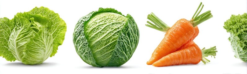 Fresh vegetables  Cabbage, carrots, and lettuce, displayed against a white background