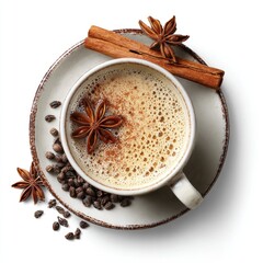 Overhead view of a cup of spiced coffee, with cinnamon sticks and star anise