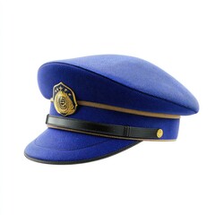 Royal blue cap with gold accents.  Flat crown, wide brim.  Embroidered insignia