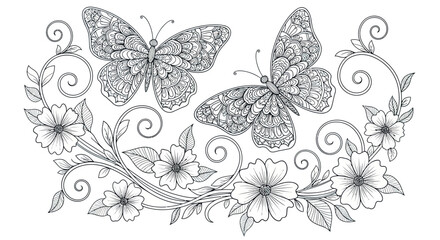 Decorative Floral Butterfly Vector Illustration with Ornate Organic Elements Black and White Detailed Style