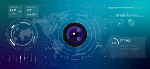 Global surveillance monitoring and security technology systems futuristic digital dashboard featuring a world map with camera lens observation sophisticated monitoring systems