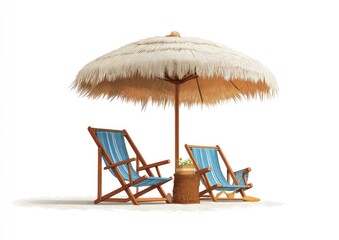 Beach chairs and straw umbrella on sand