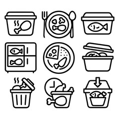 Assortment of Food Icons Chicken Fish Pizza and Disposal Concepts.