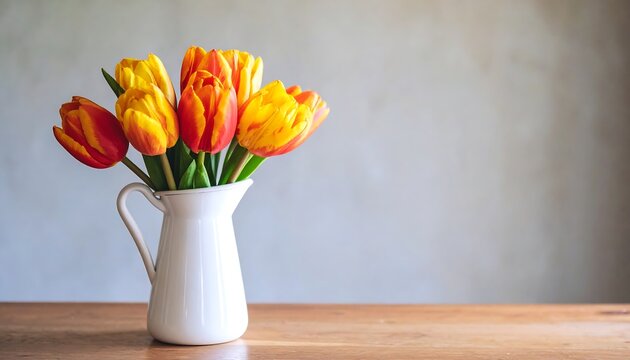Vivid Orange  Yellow Tulips in White Pitcher on Wooden Table with Grey Background.